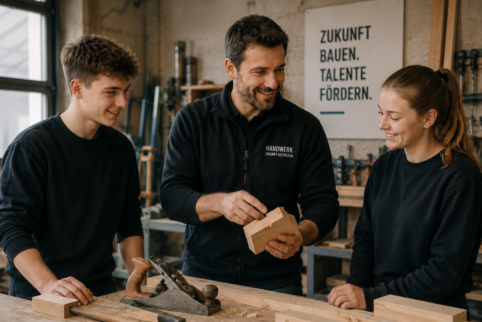 Junge Azubis und erfahrener Handwerksmeister in moderner Werkstatt mit Smartphone und Werkzeug – Symbolbild für Azubi-Recruiting, Ausbildung und Mitarbeitergewinnung im Handwerk