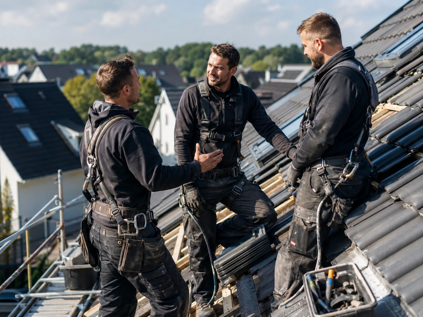 Drei qualifizierte Dachdecker besprechen die Arbeiten auf einem Steildach mit Sicherungsausrüstung – Symbolbild für Mitarbeitergewinnung, Teamarbeit und Fachkräfte im Dachdeckerbetrieb