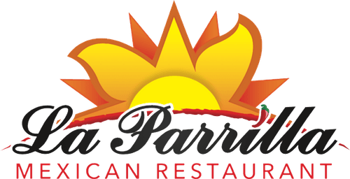 Logo featuring a stylized yellow and orange sun rising behind the text 'La Parrilla Mexican Restaurant' in black and red script.