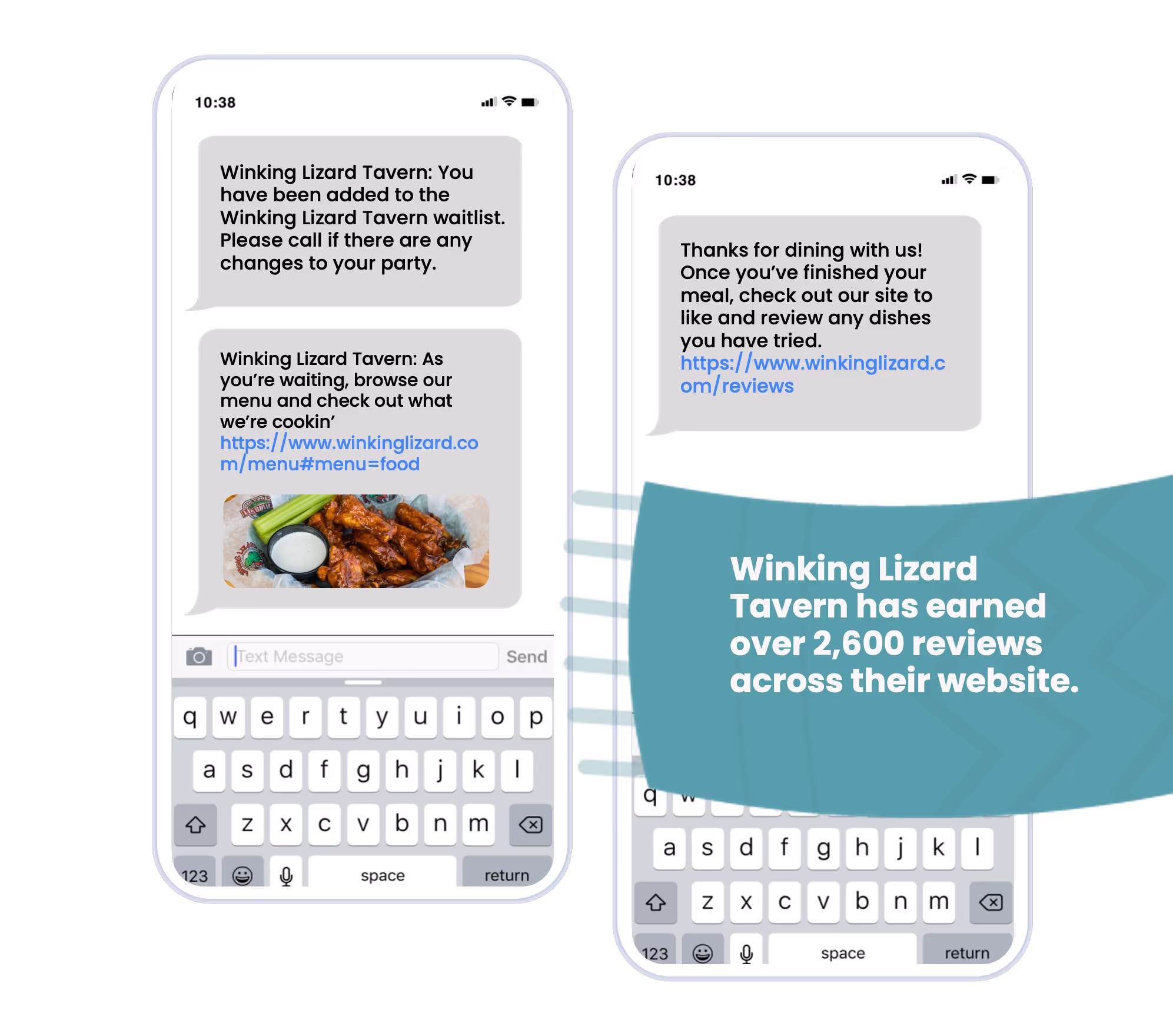Two smartphone screens showing text messages from Winking Lizard Tavern about waitlist addition, menu link with chicken wings image, and a review link, with a banner stating over 2,600 reviews on their website.