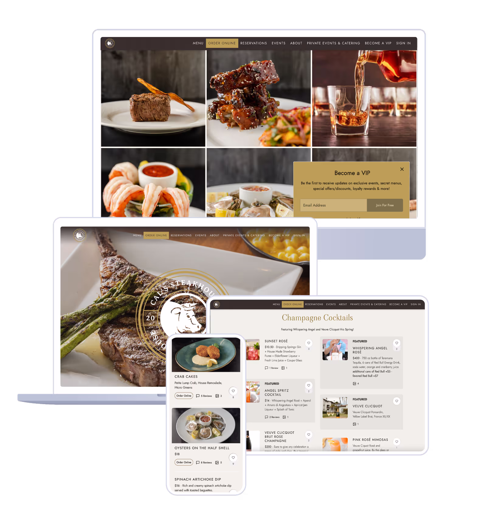 Collage showing Cal Steakhouse website displayed on desktop, laptop, tablet, and smartphone screens featuring steak dishes, cocktails, and menu options.