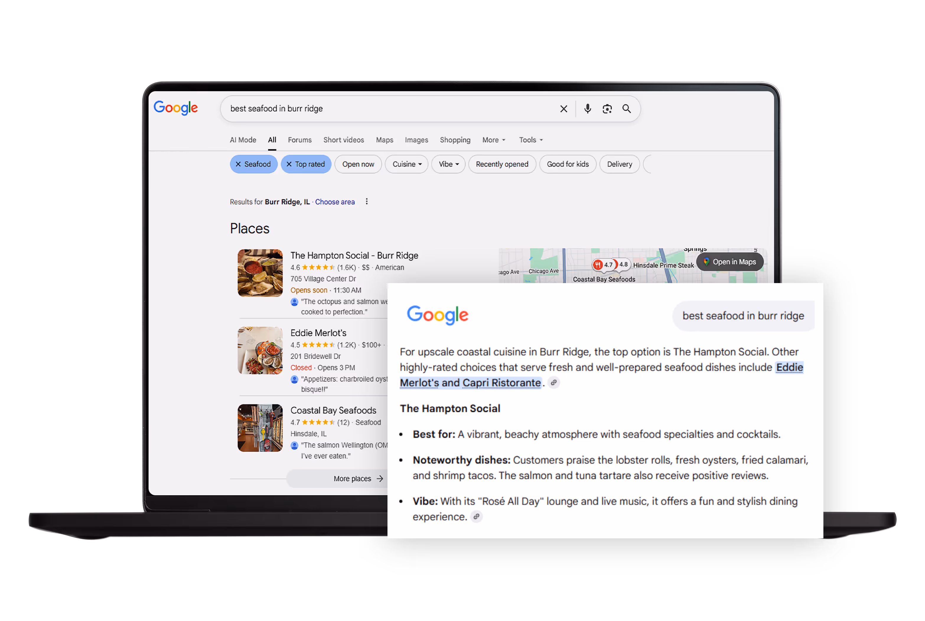 Google search results for 'best seafood in Burr Ridge' showing top rated restaurants: The Hampton Social, Eddie Merlot's, and Coastal Bay Seafoods with ratings and descriptions.