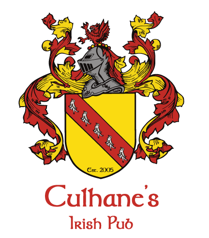 Culhane's Irish Pub logo with a heraldic shield featuring a red diagonal band with five white dogs, a knight's helmet above, and ornate red and yellow foliage, established 2005.