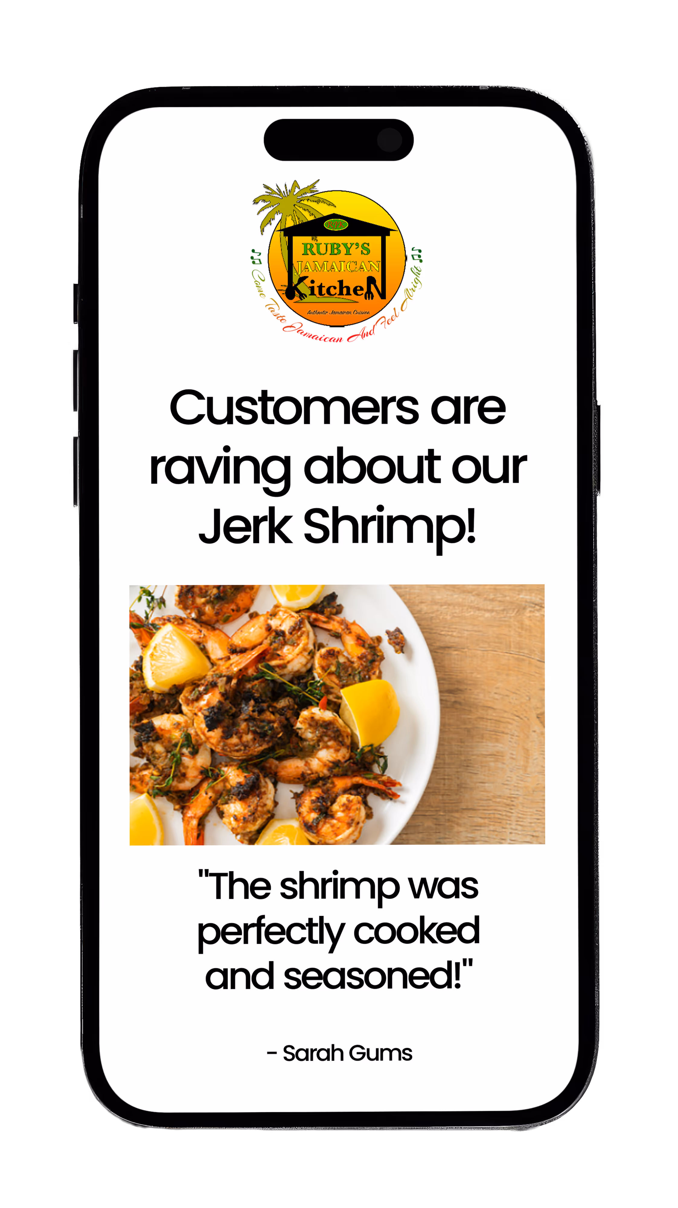 Plate of grilled jerk shrimp garnished with lemon wedges on a wooden table.