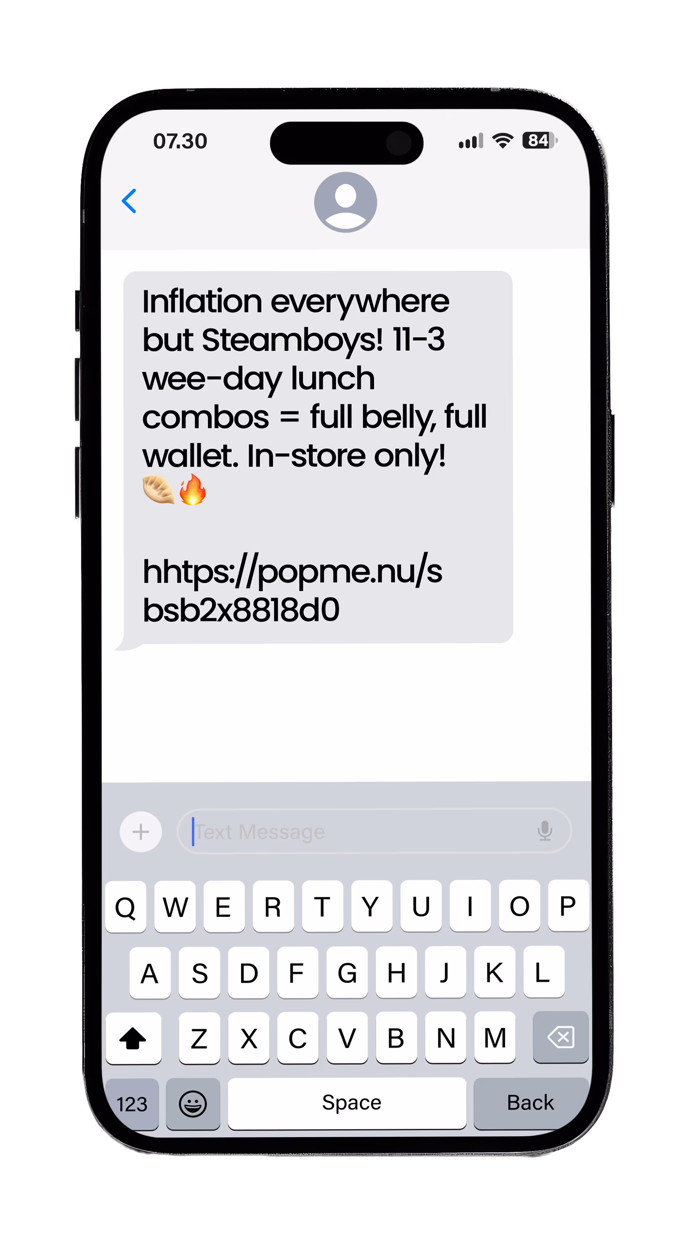 Text message on a phone screen promoting Steamboys weekday lunch combos from 11 AM to 3 PM, mentioning full belly and wallet, with a dumpling and fire emoji, and a link.
