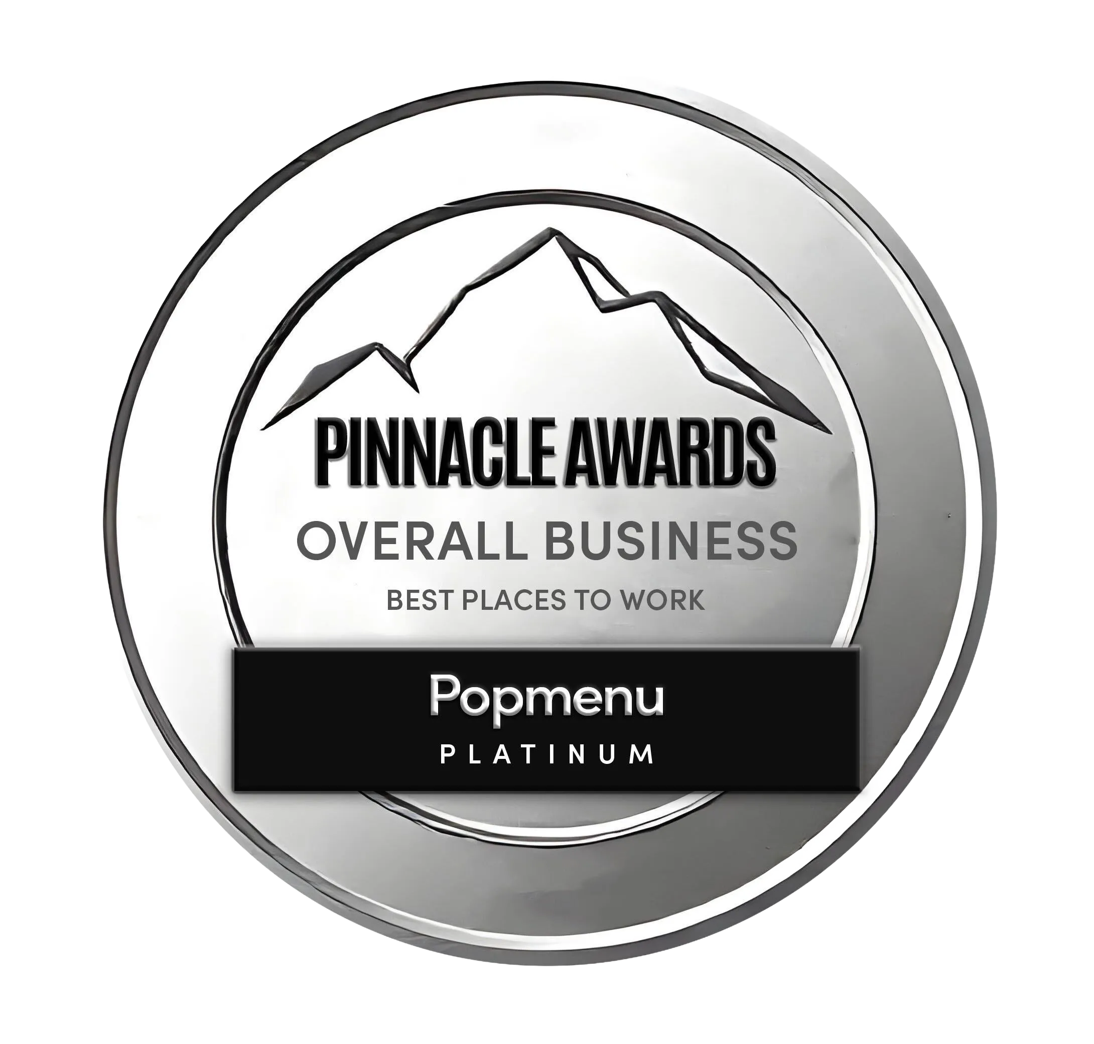 Pinnacle Awards Overall Business Best Places to Work Platinum badge by Popmenu with mountain design.