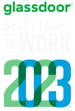 Glassdoor 2023 logo with overlapping green and blue numbers.
