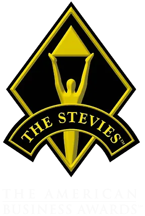Gold silhouette of a person holding a pyramid shape above their head inside a black diamond with a banner reading 'THE STEVIES'.