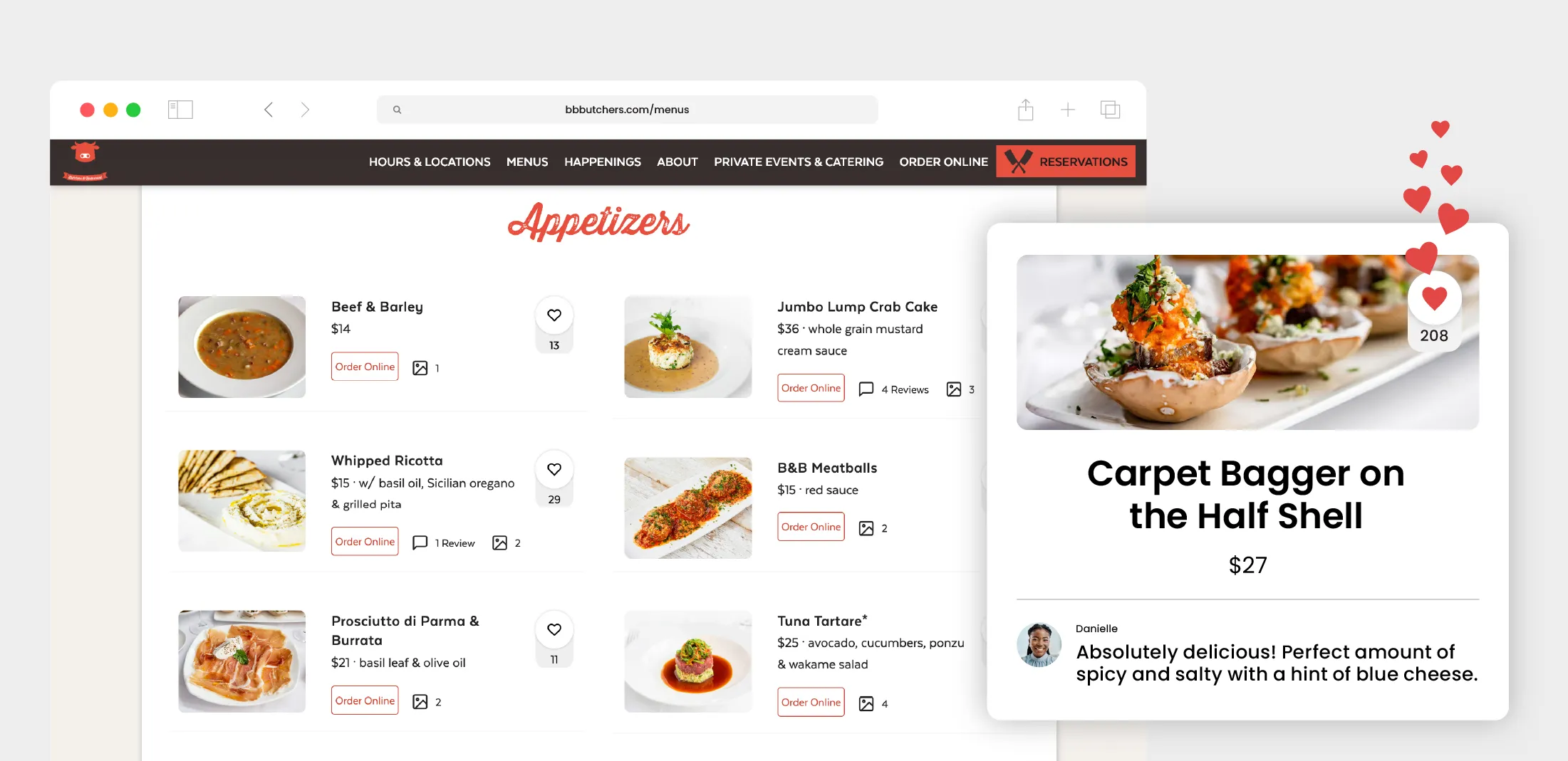 Interactive restaurant menu webpage showing appetizers like Beef & Barley, Jumbo Lump Crab Cake, Whipped Ricotta, B&B Meatballs, Prosciutto di Parma & Burrata, and Tuna Tartare with images, prices, and order online options, alongside a highlighted review of Carpet Bagger on the Half Shell priced at $27.