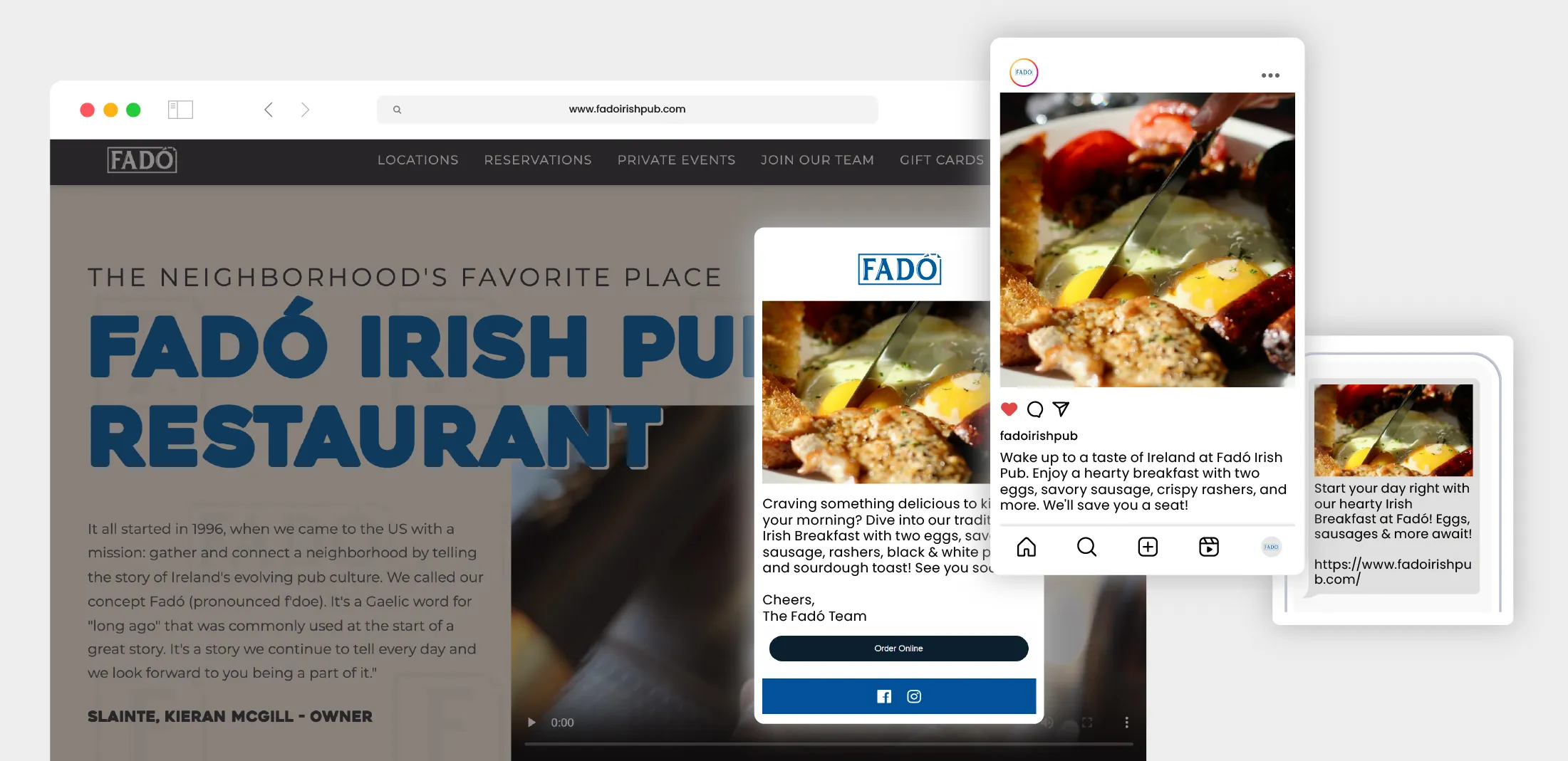 Website and social media posts for Fadó Irish Pub Restaurant showcasing a breakfast with eggs, savory sausage, crispy rashers, and toast.