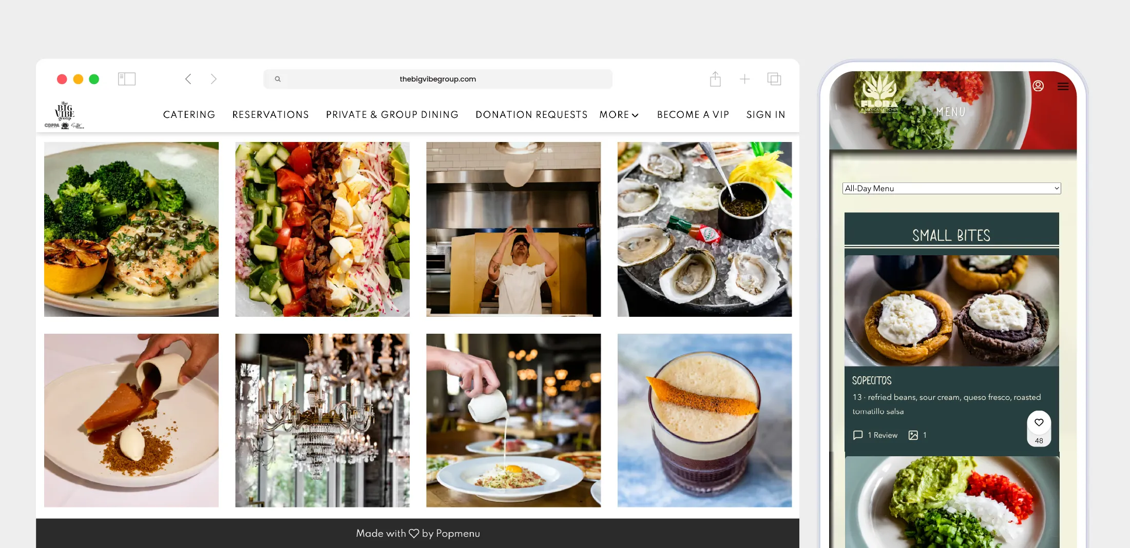 Website homepage showing a grid of food and dining images including broccoli with fish, a colorful salad, a chef tossing pizza dough, oysters on ice, dessert with sauce, elegant chandeliers, a server pouring sauce on a dish, and a garnished cocktail, alongside a mobile menu featuring small bites with sopecitos.