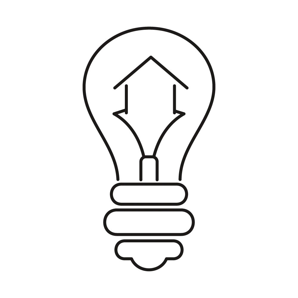 Outline of a light bulb with arrows inside pointing up and down.