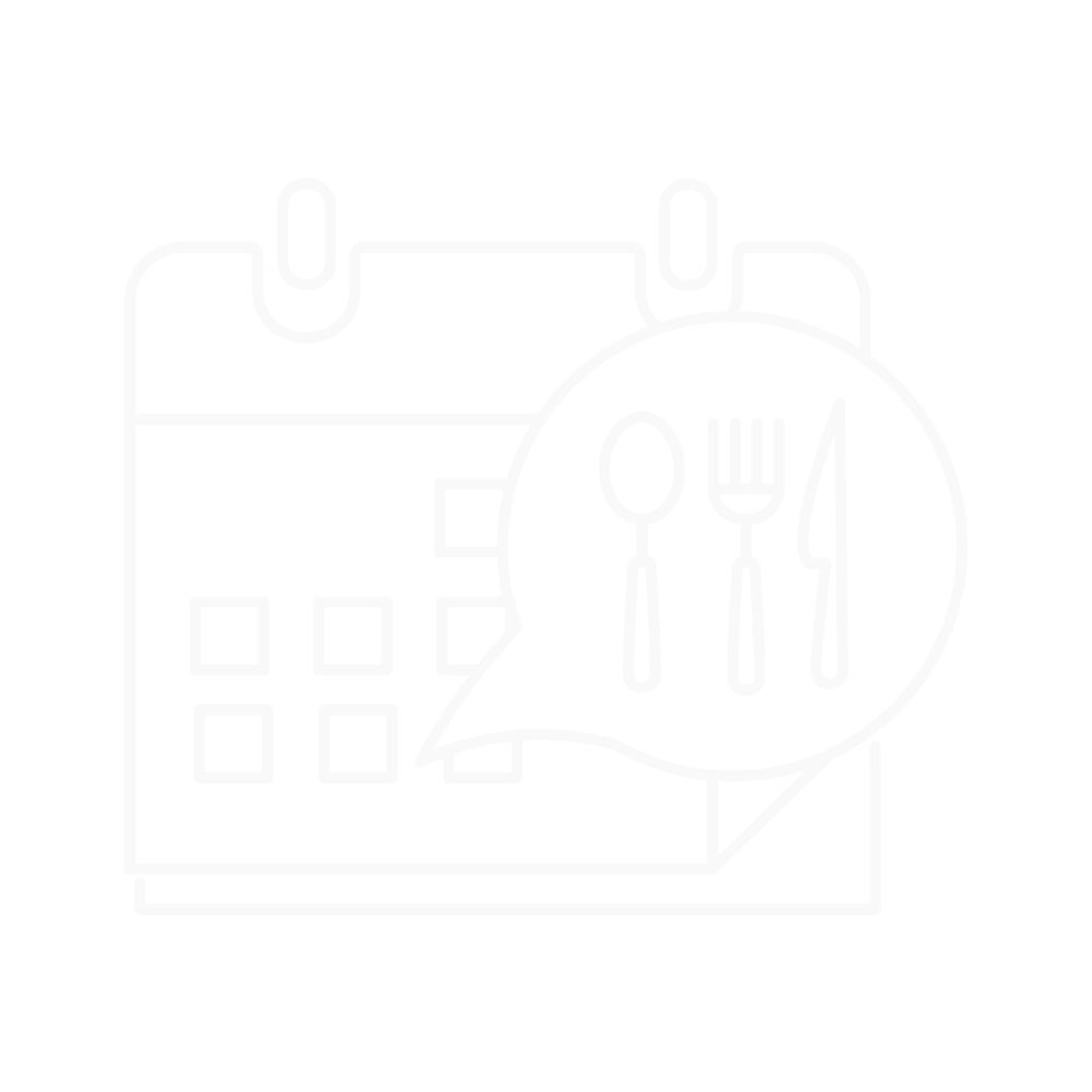 A calendar with a talk bubble that has a spoon, fork and knife inside