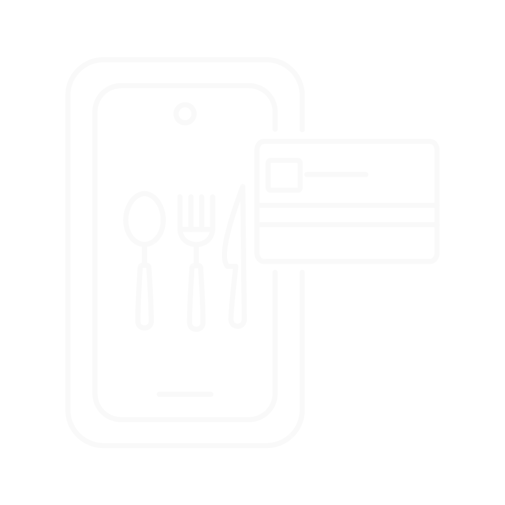 A phone with a spoon, fork, and knife on the screen, and a credit card next to it.