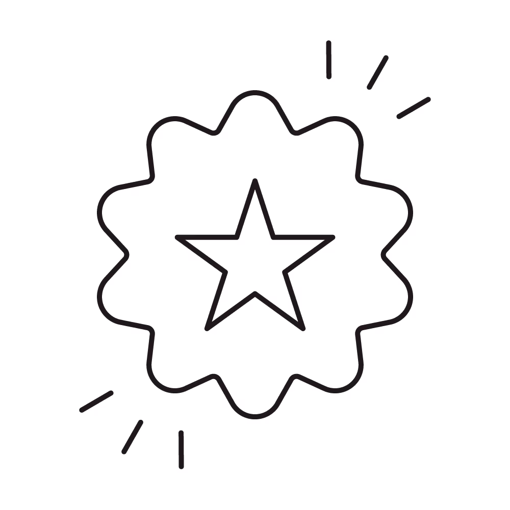 Outline of a star inside a badge shape with small lines indicating shine or emphasis.