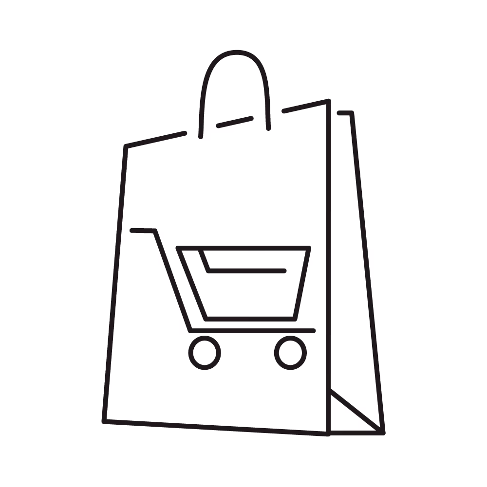 Outline icon of a shopping bag with a shopping cart symbol on it.