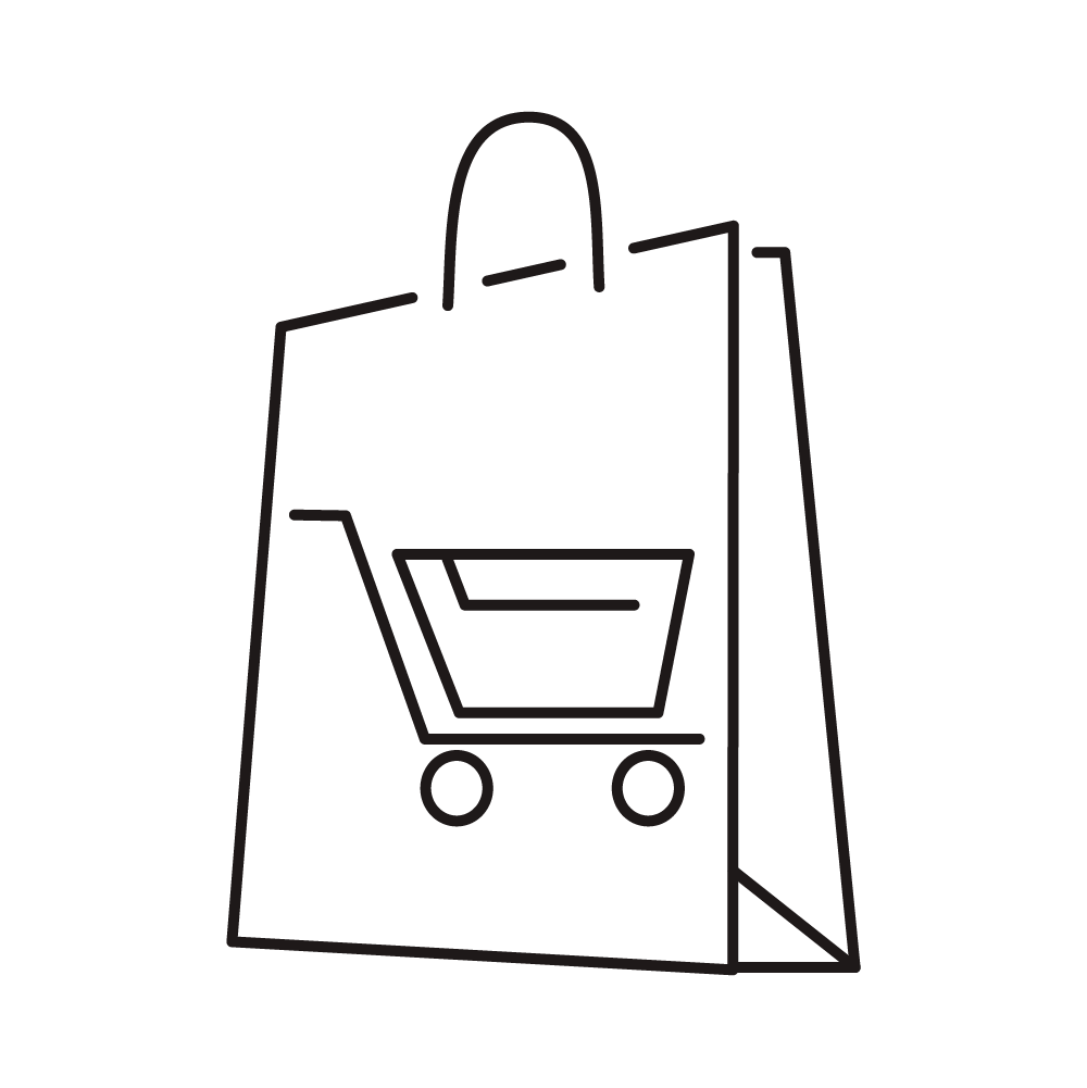 Outline icon of a shopping bag with a shopping cart symbol on it.