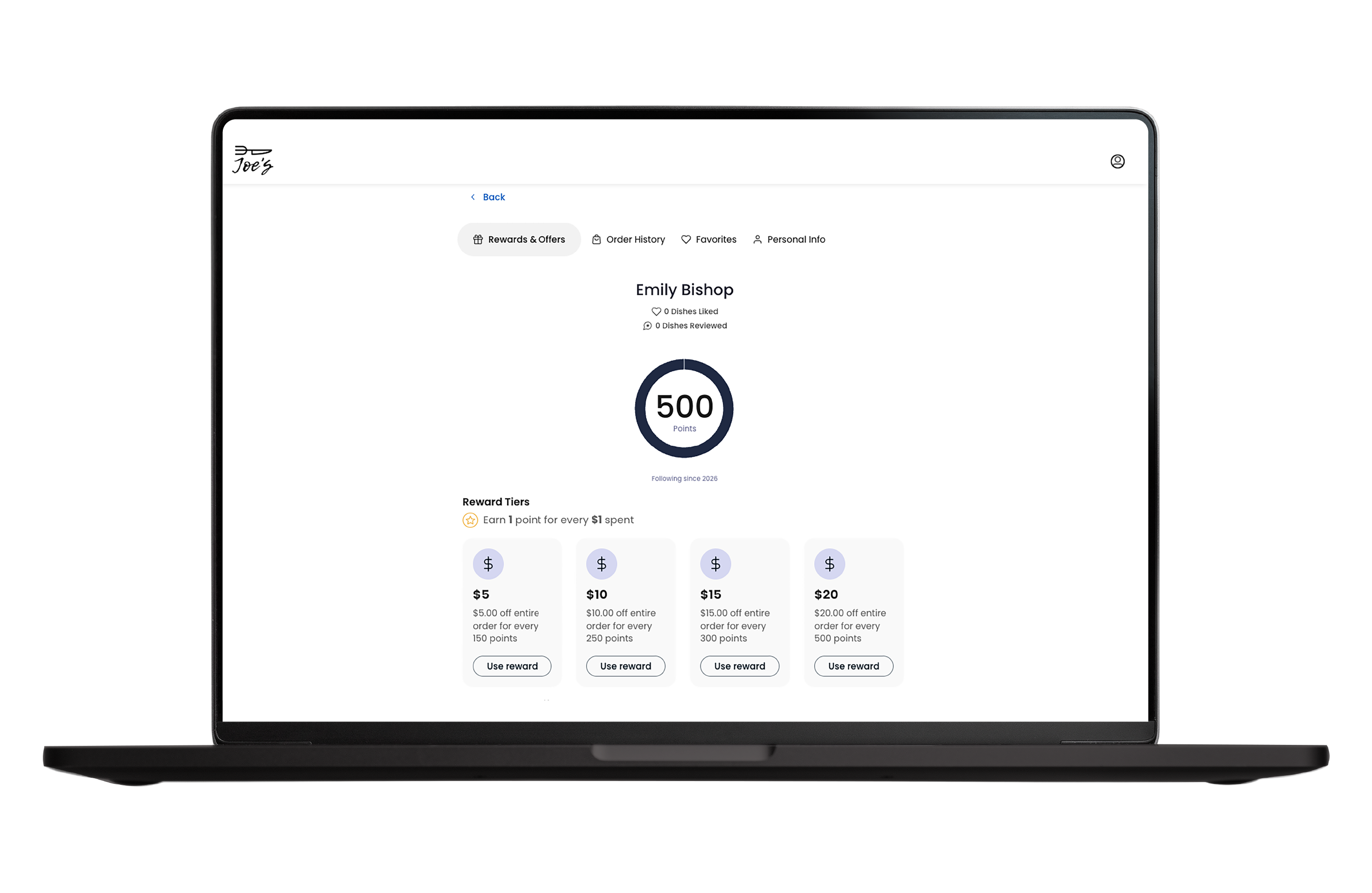 Laptop screen showing a loyalty rewards page for Emily Bishop with 500 points and reward tiers offering discounts of $5, $10, $15, and $20 for points redeemed.
