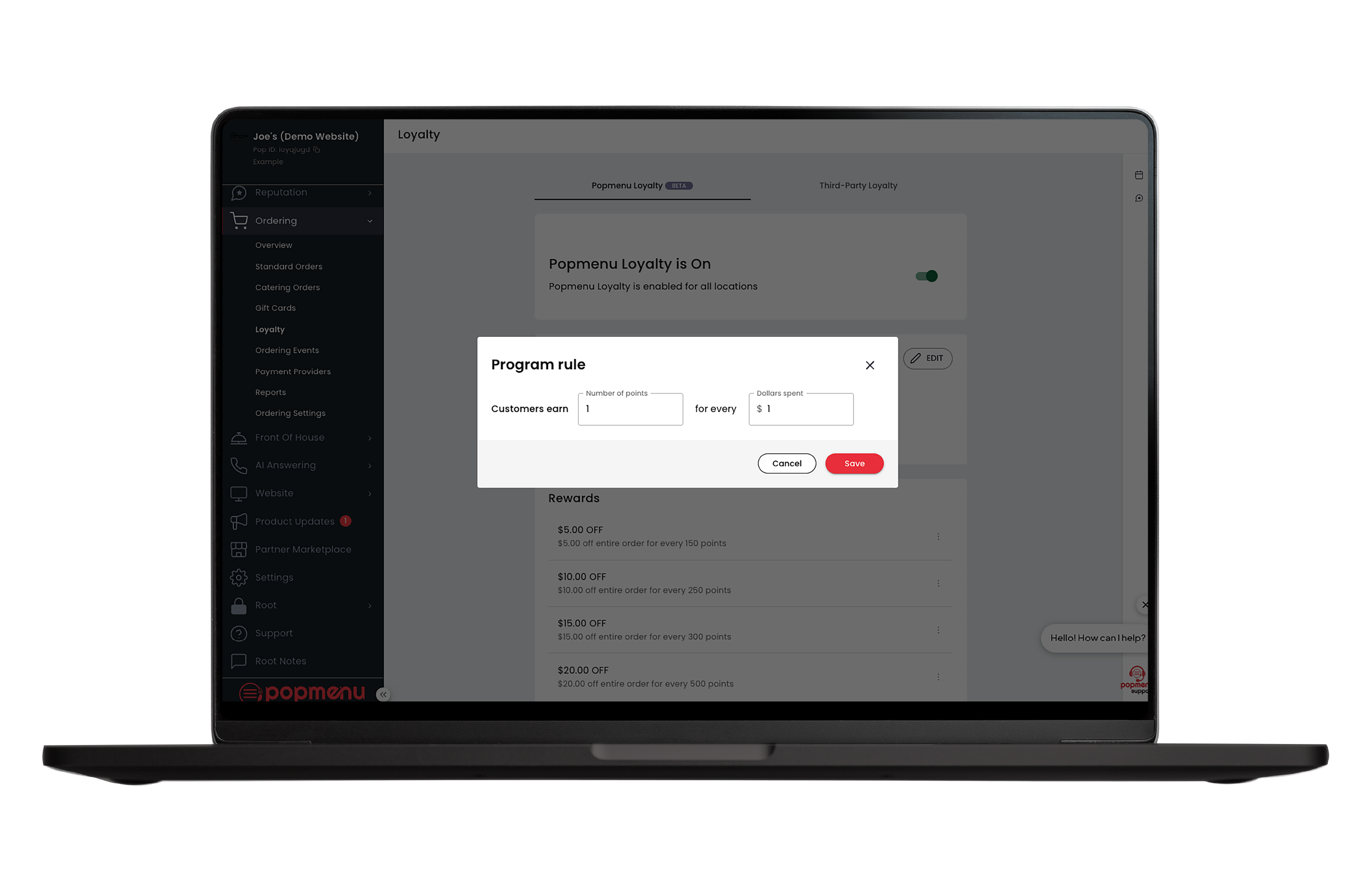 Laptop screen showing loyalty program settings with a popup to set points earned per dollars spent, and a list of rewards with discount amounts.
