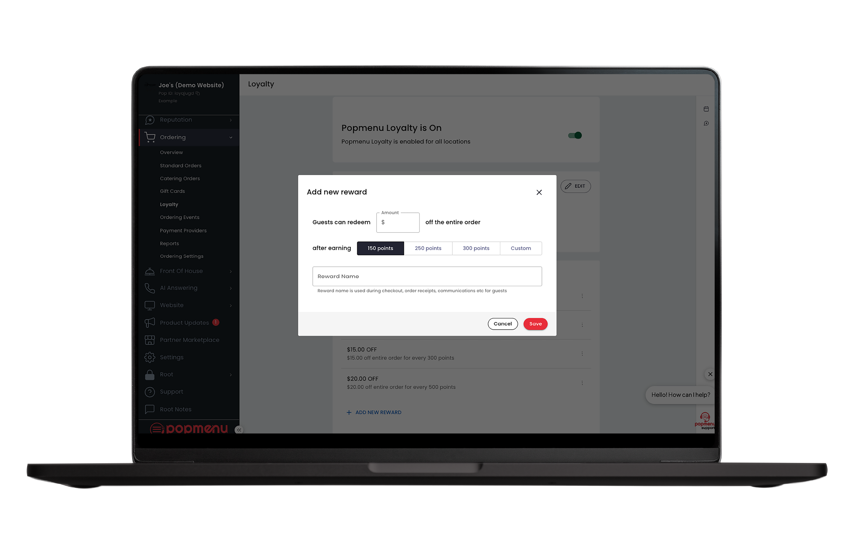 Laptop screen showing a loyalty program interface with a popup to add a new reward where guests redeem points for order discounts.
