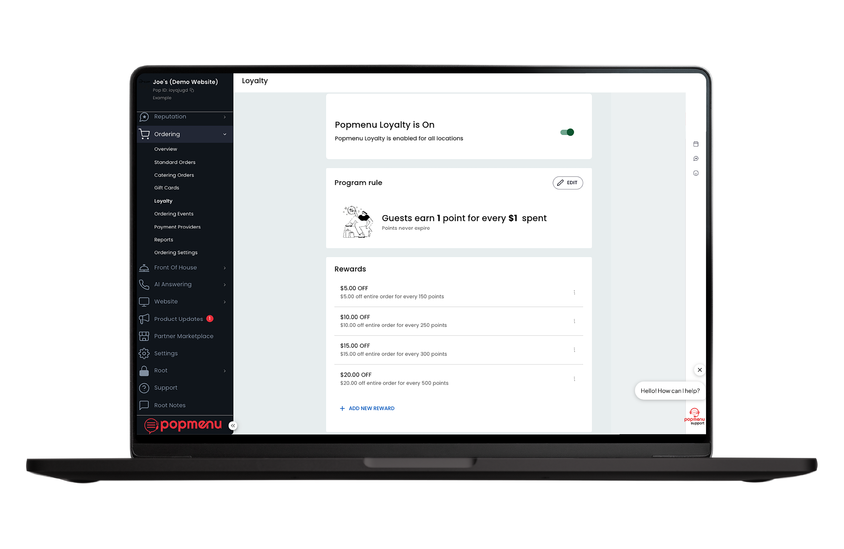 Laptop screen showing Popmenu loyalty program dashboard with program rules and rewards setup.