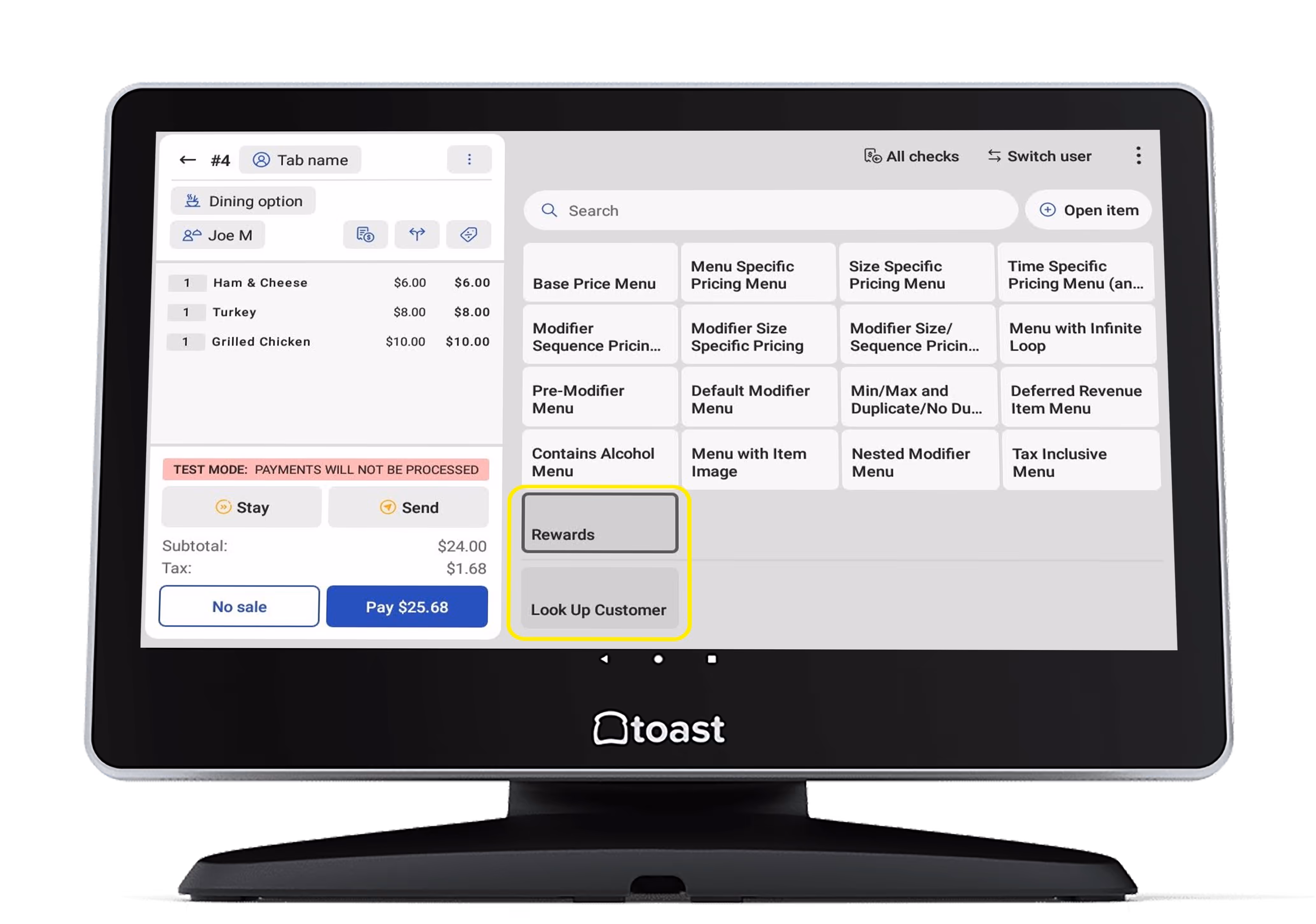 Laptop screen showing a loyalty program interface with a popup to add a new reward where guests redeem points for order discounts.