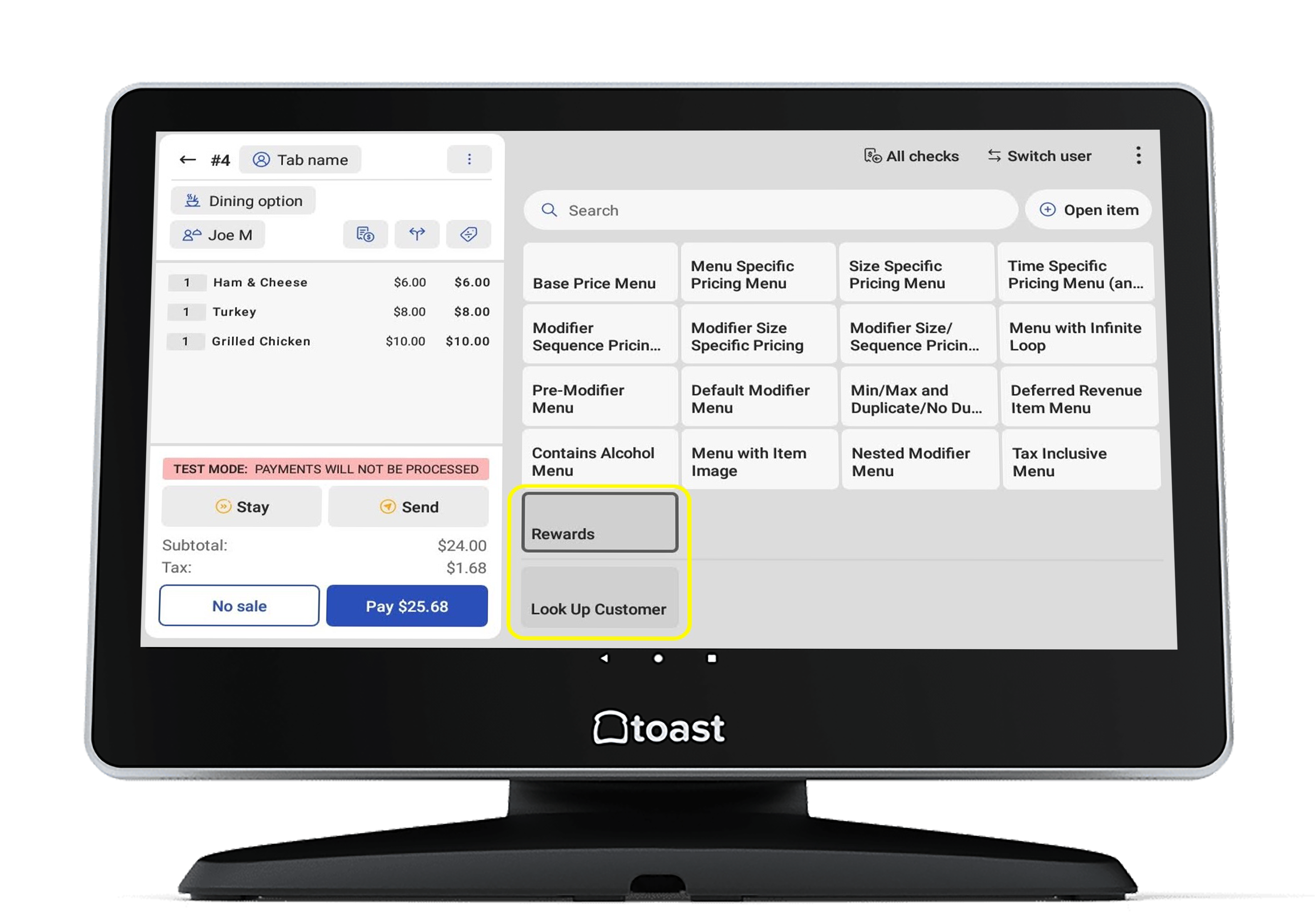 Laptop screen showing a loyalty program interface with a popup to add a new reward where guests redeem points for order discounts.