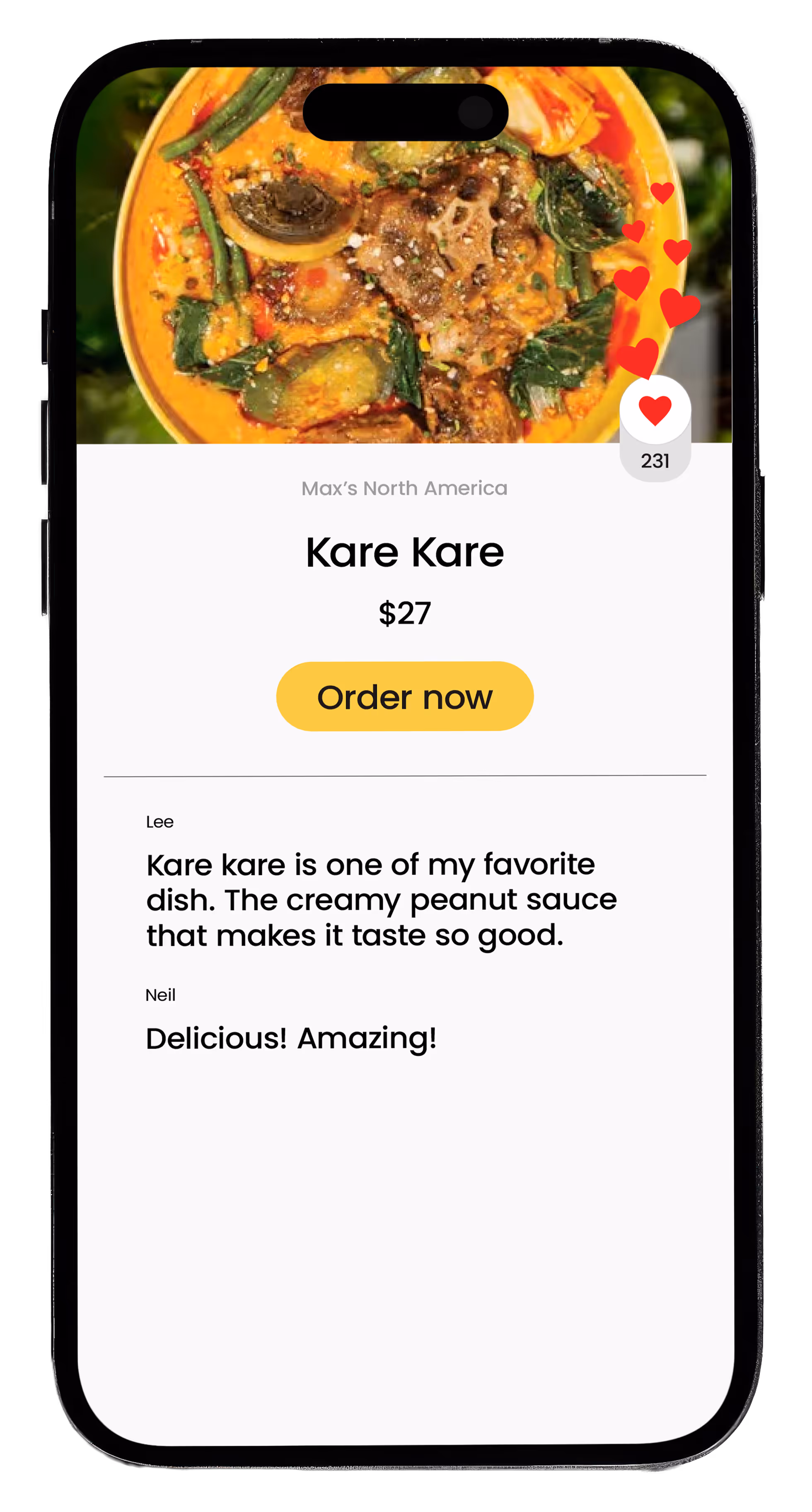 Smartphone screen showing a food ordering app for Kare Kare priced at $27 with an image of the dish, an 'Order now' button, and user reviews praising the creamy peanut sauce.