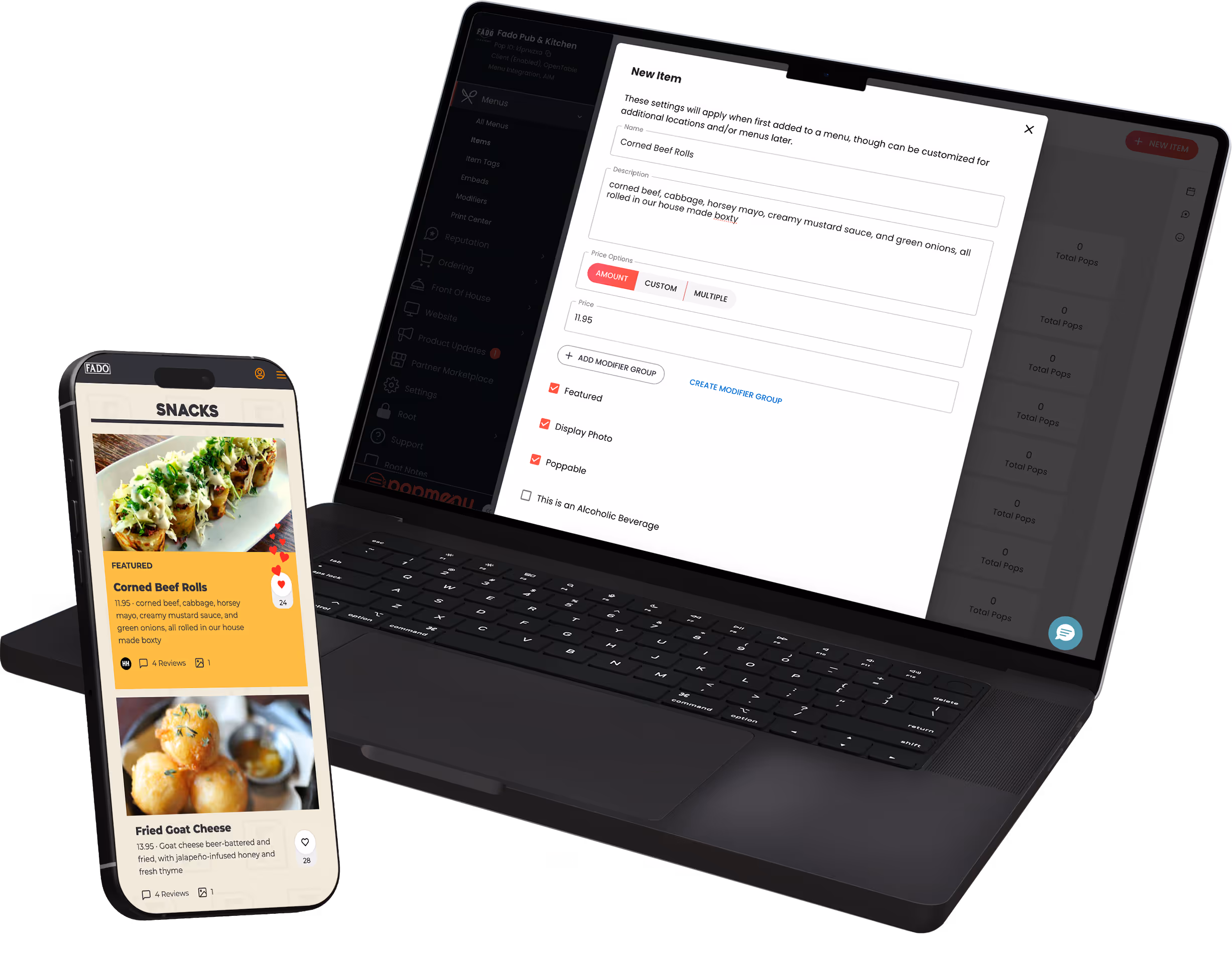 Laptop screen showing Popmenu loyalty program dashboard with program rules and rewards setup.