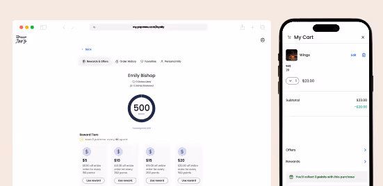 Screenshot of a loyalty program dashboard showing 500 points for user Emily Bishop with reward tiers and an adjacent mobile shopping cart screen with wings item priced at $23.