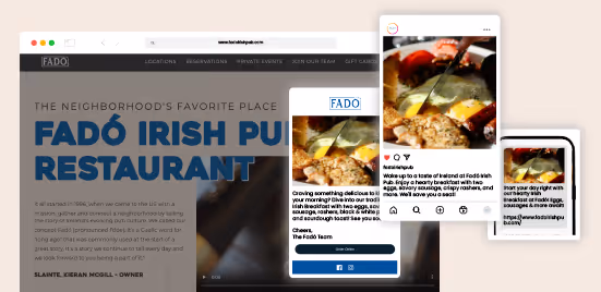 Website and mobile views of Fadó Irish Pub Restaurant featuring text about the pub and social media posts with images of food and drink.
