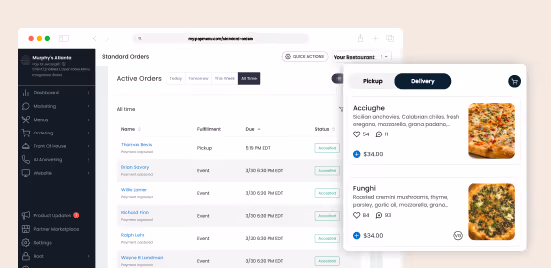 Online restaurant order management screen showing active orders and a delivery menu with images and descriptions of Acciughe and Funghi pizzas.