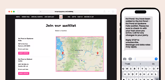 Waitlist webpage for Koi Pond with location options Spokane Falls and Ballard, a map of Washington showing Seattle and Spokane, and a phone screen showing SMS confirmation of waitlist addition for Spokane Falls location.