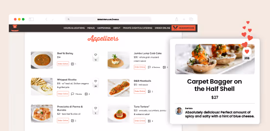 Restaurant online menu displaying appetizers with images, prices, and order buttons, featuring a highlighted dish 'Carpet Bagger on the Half Shell' with a photo, price $27, and a positive customer review.