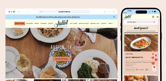 Juliet Italian Kitchen website homepage showing a dining table with food, red wine being poured into a glass, and a mobile menu featuring Daily Bruschetta.