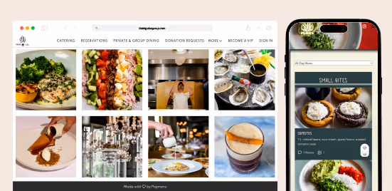 Collage showing various dishes including grilled fish with broccoli, colorful salad, oysters on ice, dessert being poured with sauce, and a bartender tossing pizza dough in a kitchen.