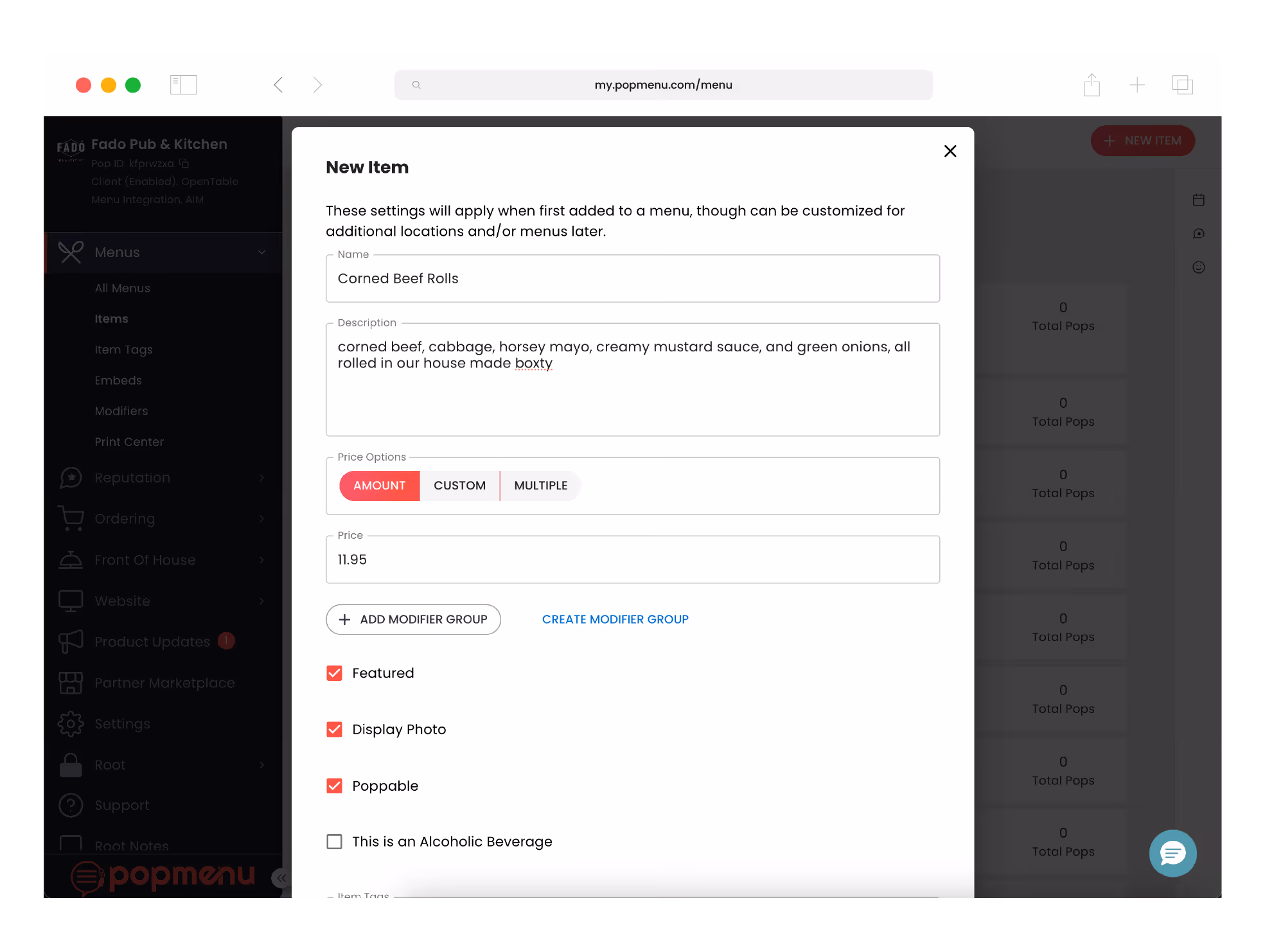 Laptop screen showing Popmenu loyalty program dashboard with program rules and rewards setup.