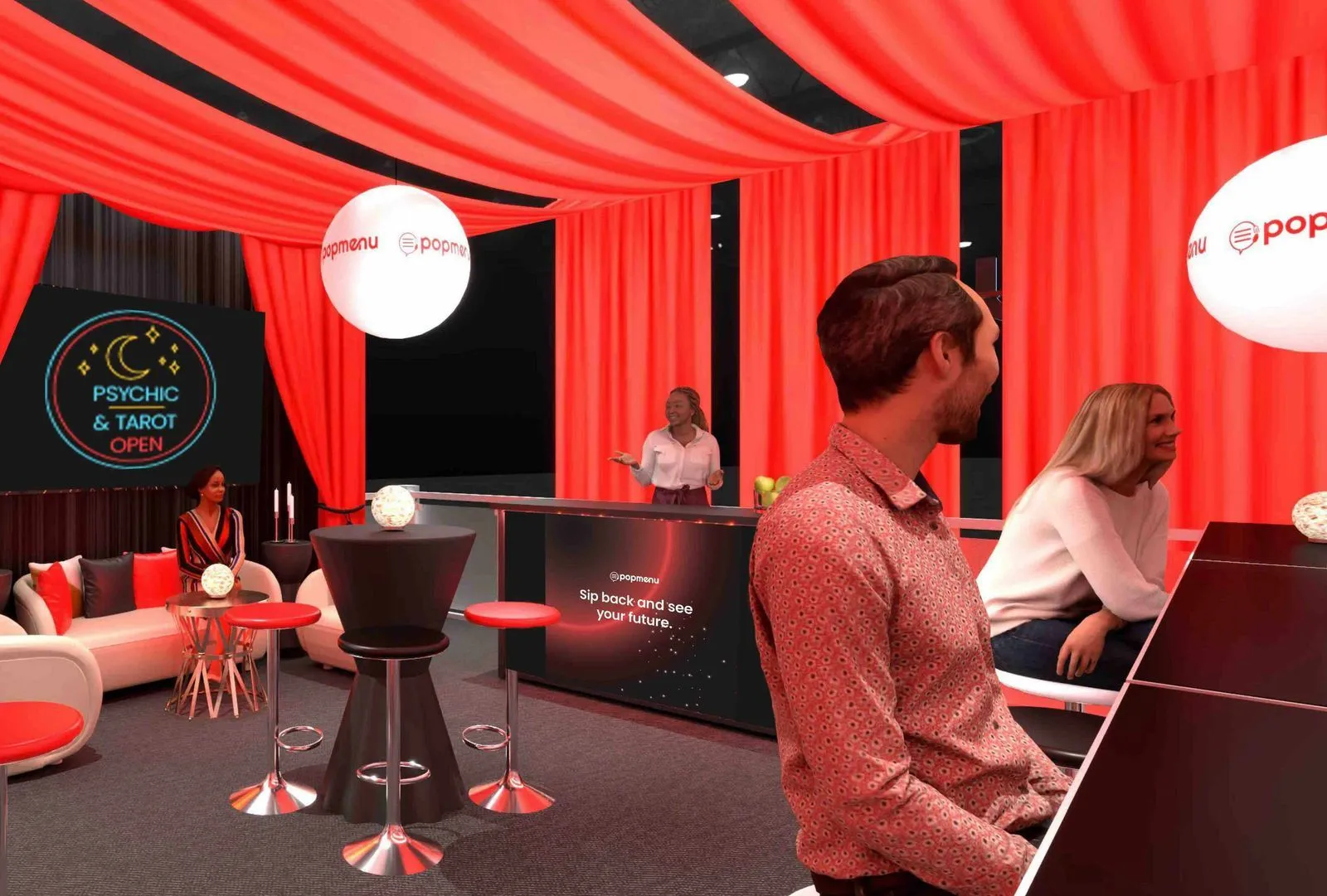 Mockup of Popmenu's NRA 2025 Booth in upstairs with fortune teller and speakeasy bar.