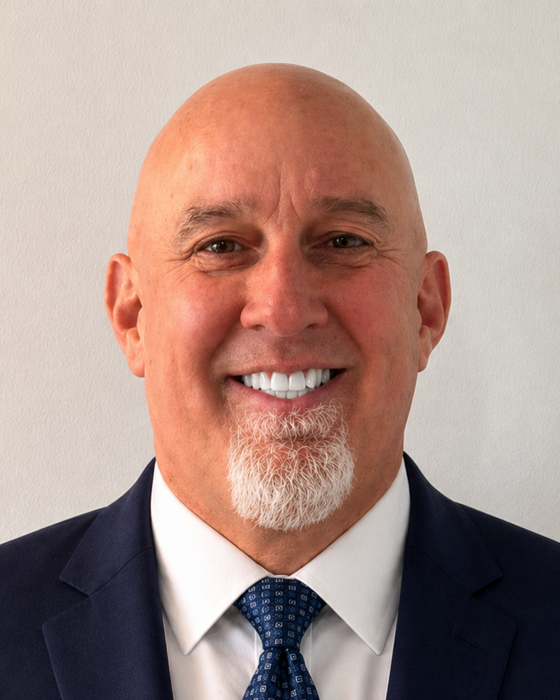 Smiling bald man with a goatee, wearing a blue jacket over a pink collared shirt and glasses resting on his head.