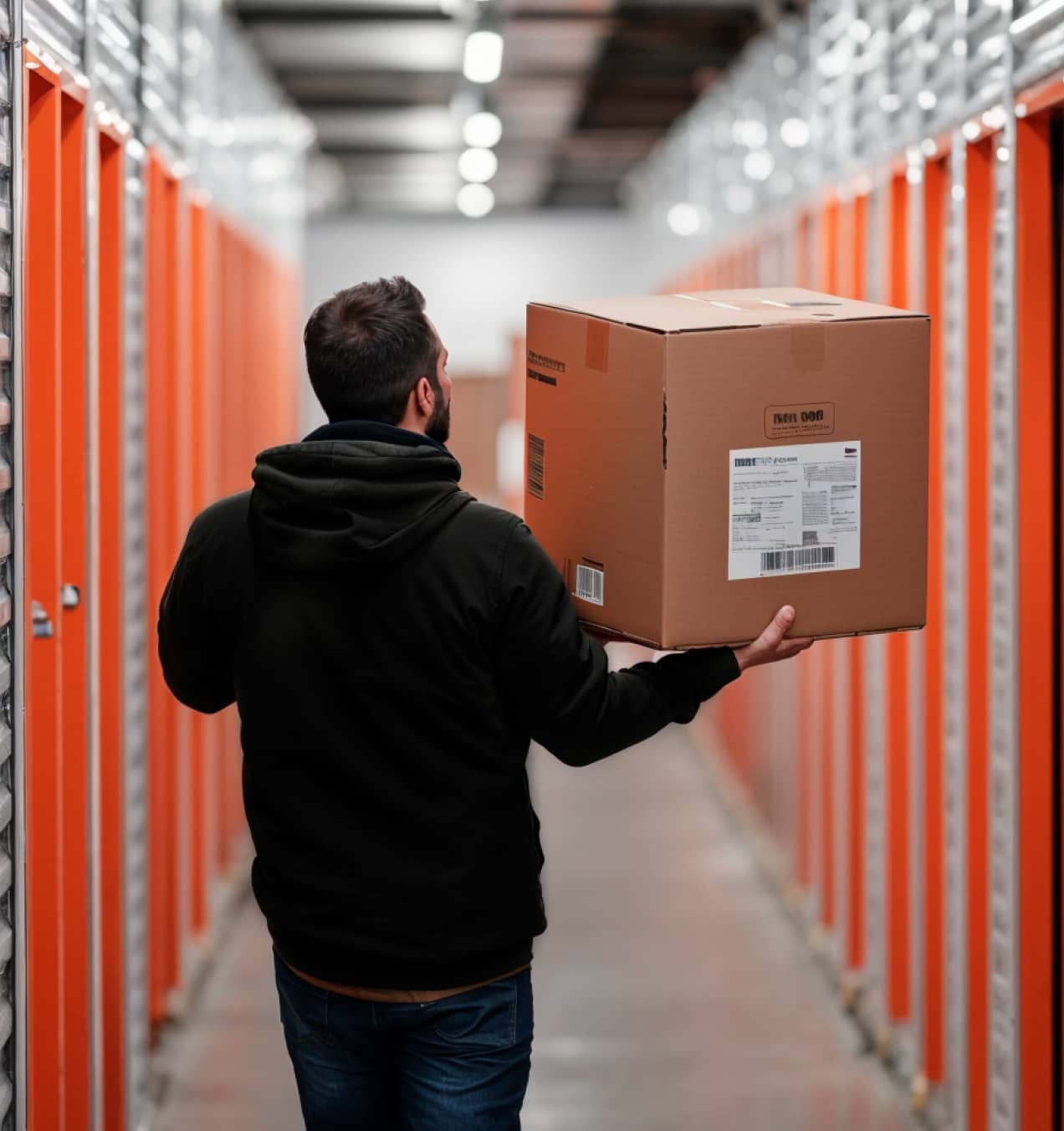 Man Dressed In Black Lifts A Box V2 - SelfStorage X Webflow Template
