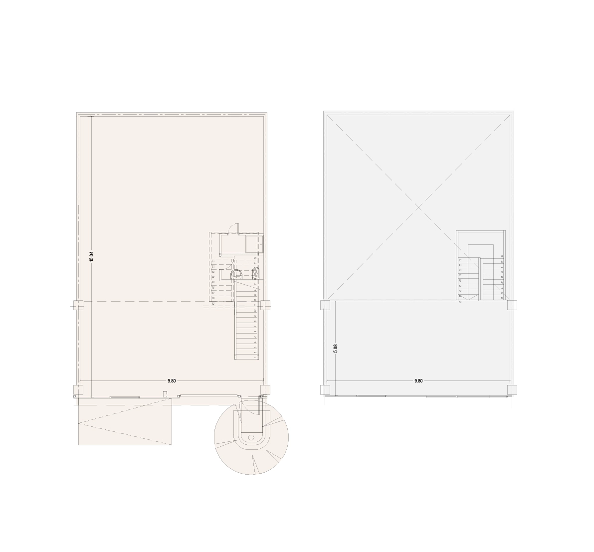 Planta arquitectura bodega tipo A con primer piso, altillo y un estacionamiento