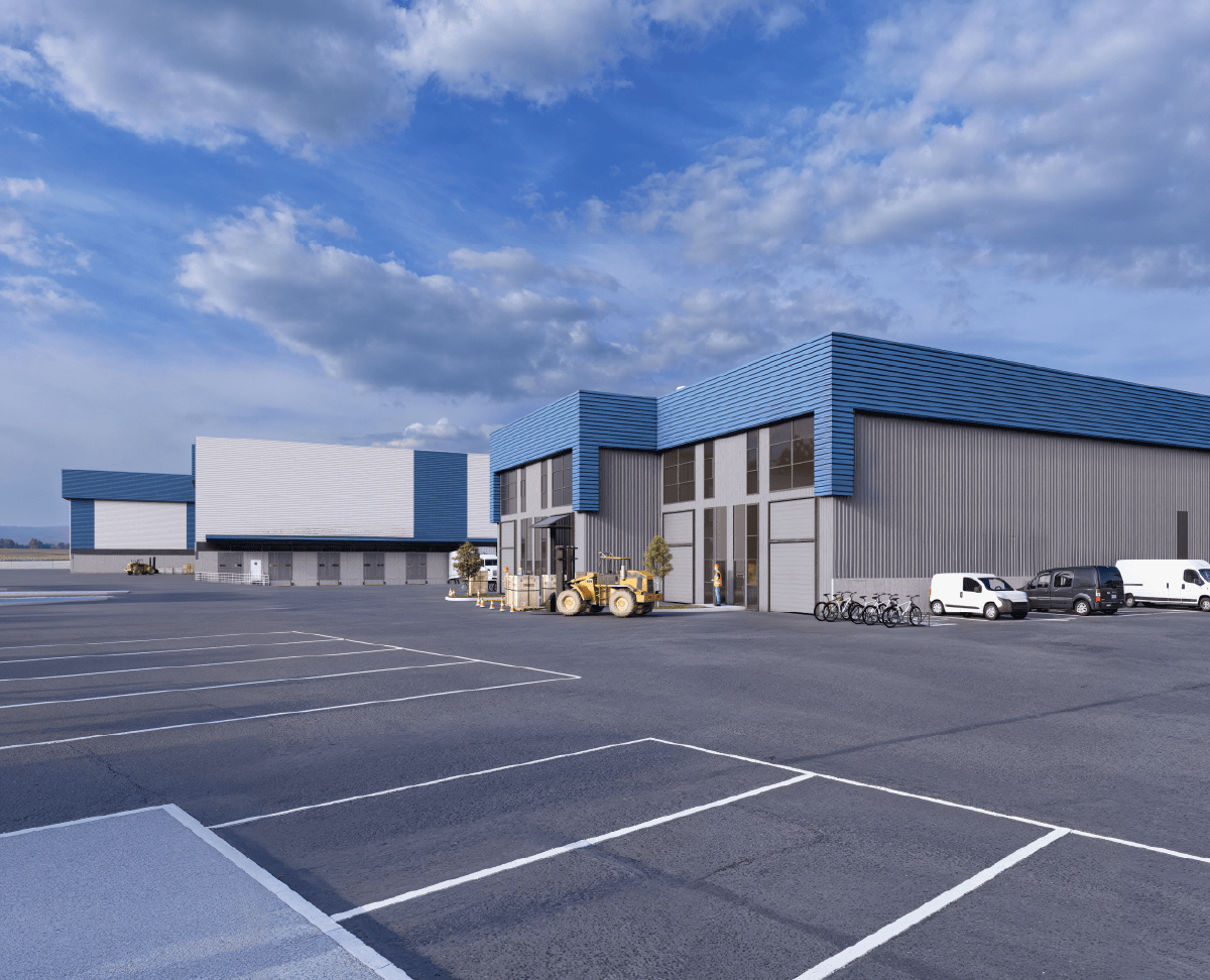 Render del proyecto Coquimbo con bodegas techos azules y estacionamientos disponibles