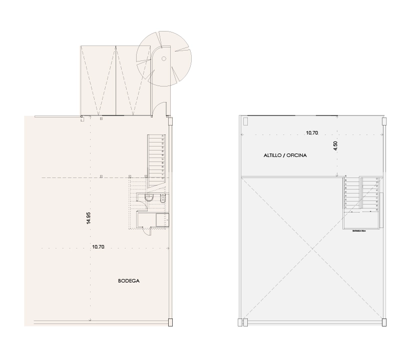 Planta arquitectura modelo bodega tipo C con primer piso, altillo y dos estacionamientos