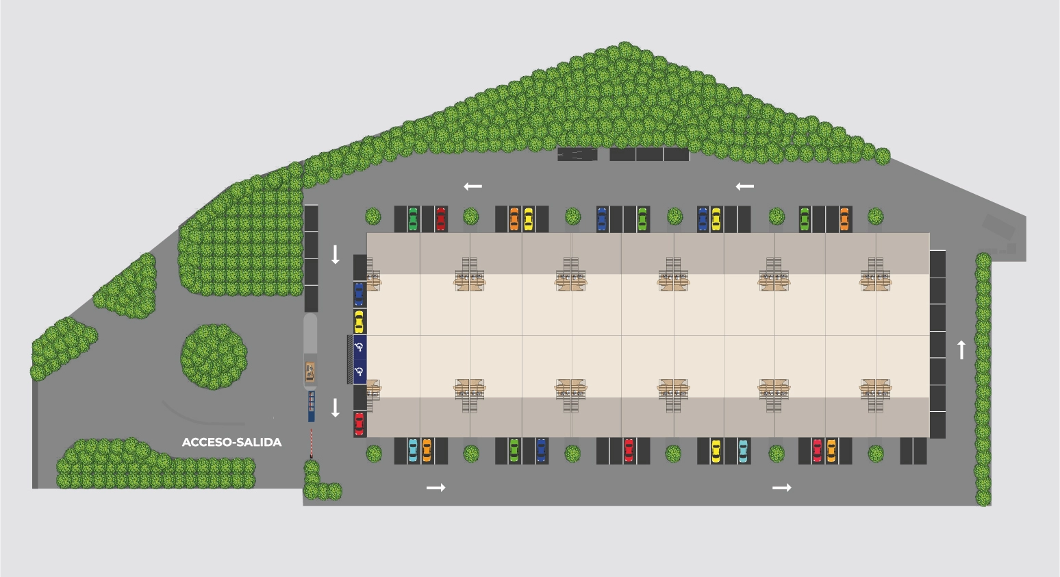Masterplan de San Bernardo con nave de bodegas, estacionamientos y accesos a calles