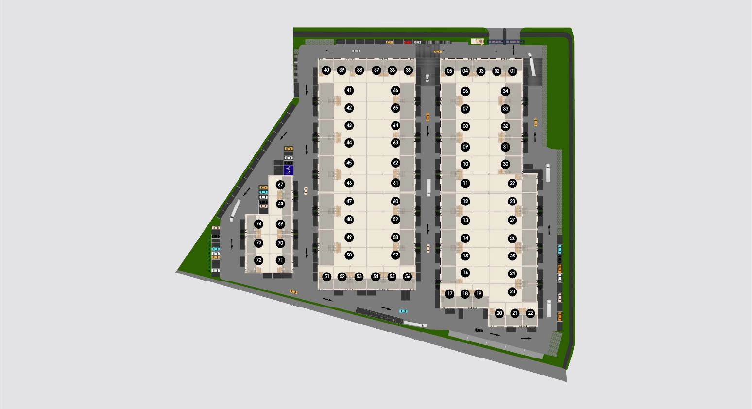 Masterplan del proyecto Avanza Park Saladillo con tres módulos y 74 bodegas acceso vehicular y zona
