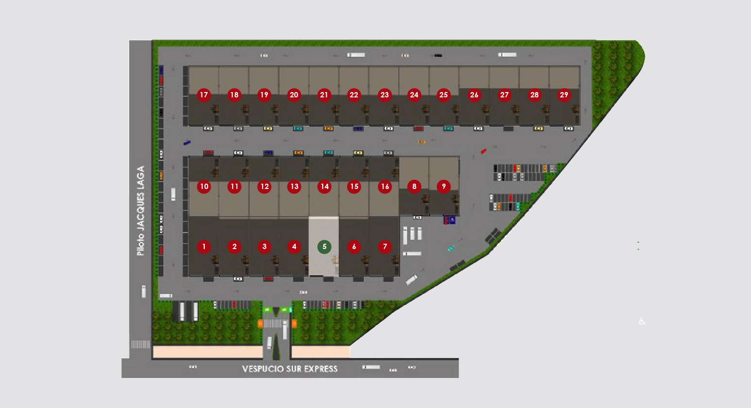 Masterplan de Vespucio Sur con dos módulos 29 bodegas accesos vehiculares y estacionamientos