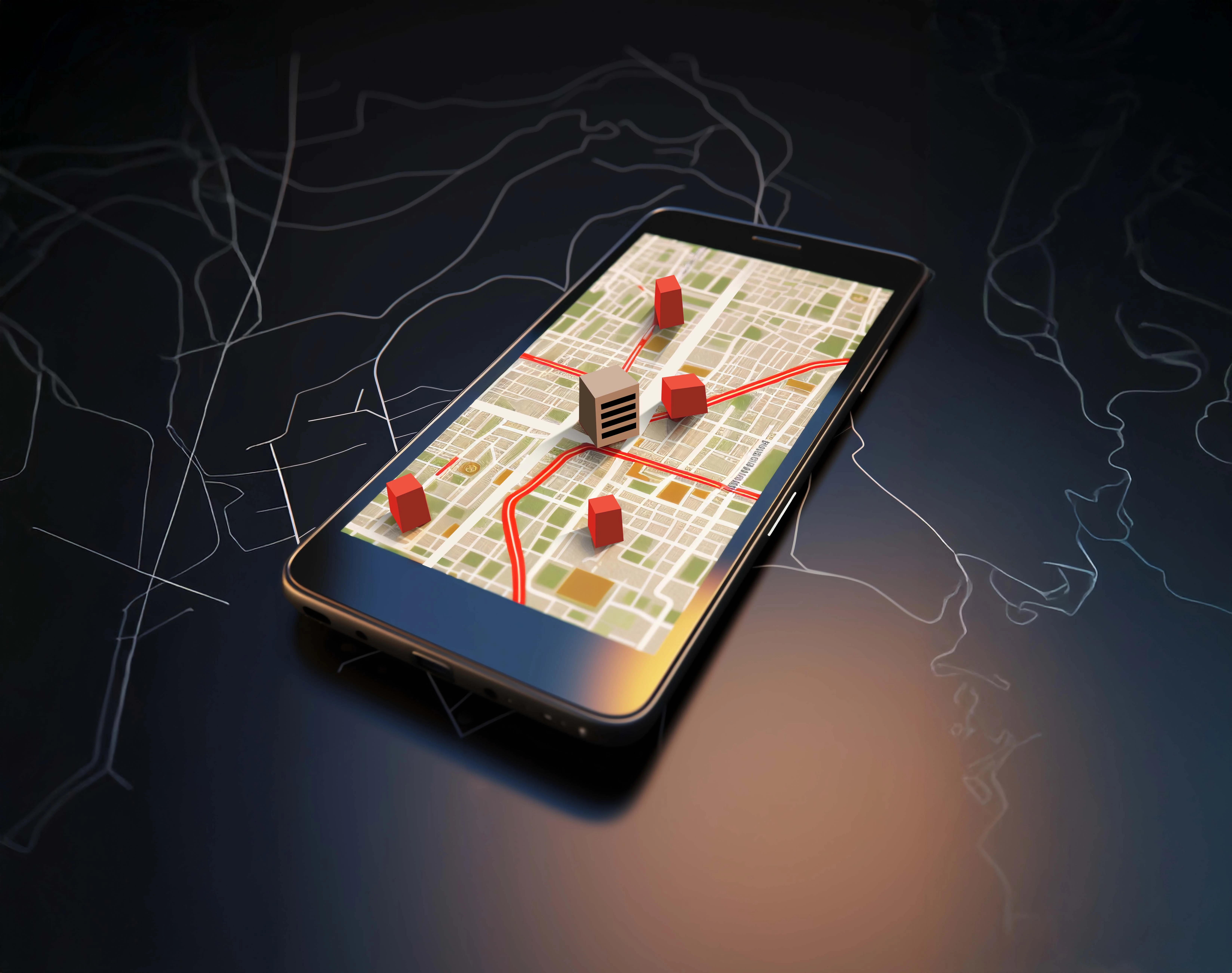 Imagen 3D de un celular con un mapa y un recorrido marcado en pantalla