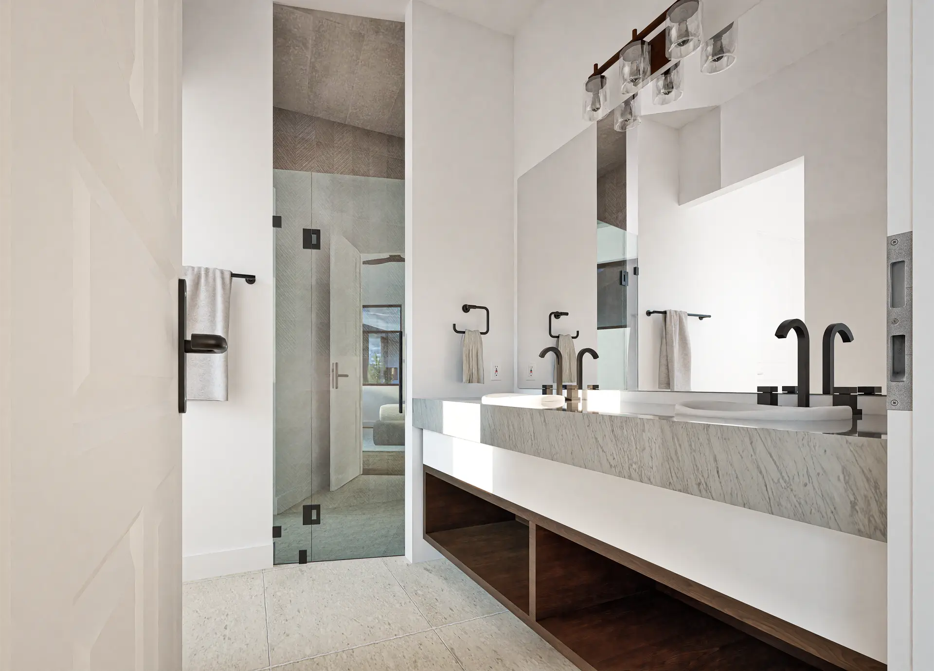 Modern double vanity bathroom with quartz countertops, black matte fixtures, and a frameless glass shower in a luxury Alcove townhome in Midway, Utah.