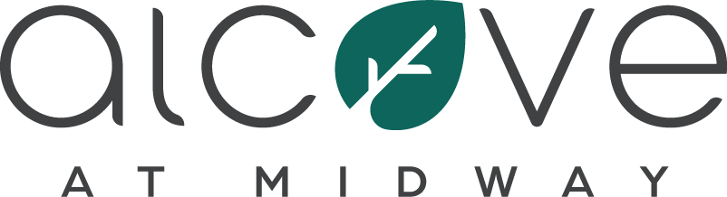 Alcove at Midway logo featuring modern grey typography with a stylized green leaf design forming the letter “O,” representing a luxury townhome community in Midway, Utah.