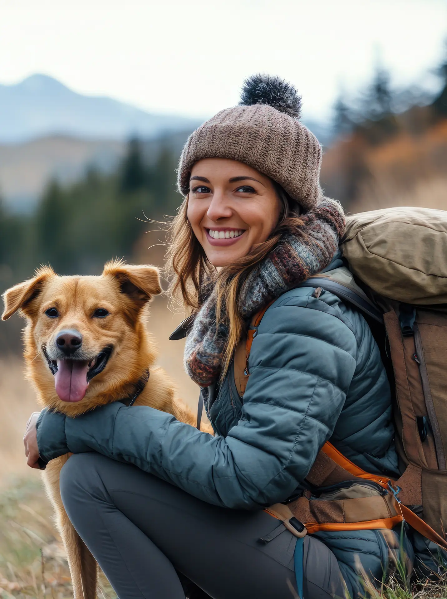 Smiling woman in a knit hat and hiking gear kneeling next to her happy dog during a scenic outdoor hike in the Midway area.